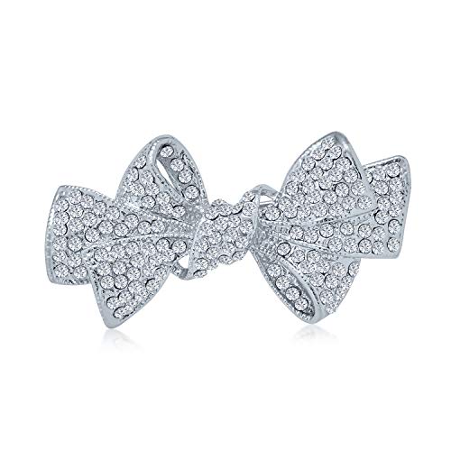 Image of Bling Jewelry Dainty Romantic Winter Wedding Holiday White Glittering Crystal Bridal Fashion Accent Ribbon Bow Brooch Pin For Women Silver Plated