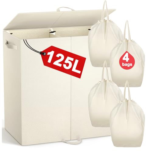 Double Laundry Hamper with Lid and 4 Removable Laundry Bags, Collapsible Laundry Hamper 2 Section...