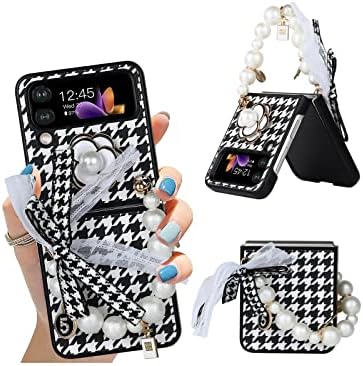 Galaxy Z Flip 4 Case with Pearl Strap, Cute Flower Tartan Cover Case for Z Flip 4 with Strap Wrist for Women Girls, Slim Fit Luxury PC Shockproof Case with Lanyard for Samsung Galaxy Z Flip 4 5G 2022