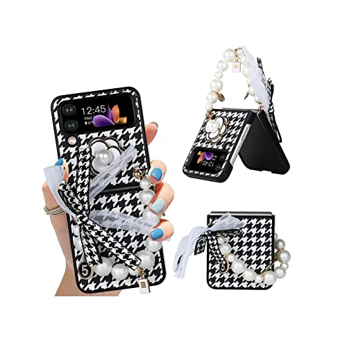 Galaxy Z Flip 4 Case With Pearl Strap, Cute Flower Tartan Cover Case For Z Flip 4 With Strap Wrist For Women Girls, Slim Fit Luxury Pc Shockproof Case With Lanyard For Samsung Galaxy Z Flip 4 5G 2022 #TOP15