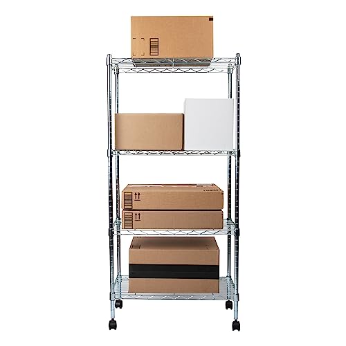 Mind Reader Alloy Collection Adjustable 4-Tier Industrial Storage Shelves With Wheels, Metal, 23.25" L X 13.5" W X 49.5" H, Silver #TOP3