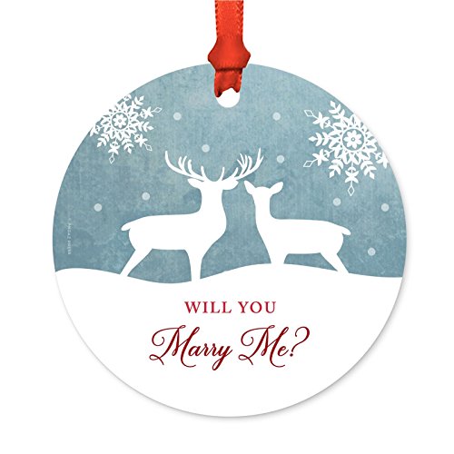 Andaz Press Engagement Wedding Proposal Metal Christmas Ornament, Will You Marry Me?, Rustic Deer Winter Snowflakes, 1-Pack, Includes Ribbon and Gift Bag