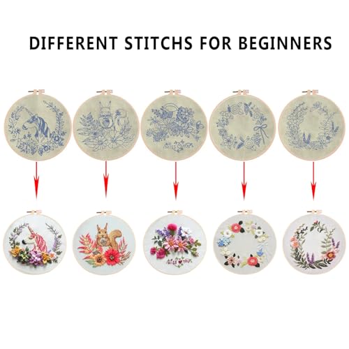 Image of GOGLAM Embroidery Kit for Beginners, 5 Set Embroidery Starter Kit Flowers for Adults, DIY Punch Needle Kit with Flower Wreath Animal Pattern, Hoop, Needle, Hand Embroidery Kit