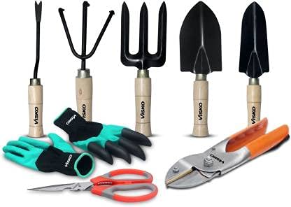 VISKO 538 Garden Tools Kit | Wooden Set | Gloves | Super Pruining Scateur | Scissor | Garden Tool Kit | 8 Tools | 5 Pcs | Garden Tool | Multicolor |