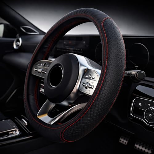 CAELLUMA Funda Volante Coche Universal 37-39 Centímetros de Cuero Sintético Antideslizante · Fácil de Instalar · Compatible con Airbag · Resistente al Sol y al Uso Diario (Costura Roja)