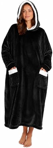 Oversized Wearable Blanket Hoodie with Vertical Pockets Loose Plush Sweatshirt Universal for Women and Men (Black)