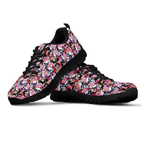 HUGS IDEA Damen Sugar Floral Skull Sneakers Leichte Flexible Laufschuhe, Floral Skull Schwarz, 40 EU