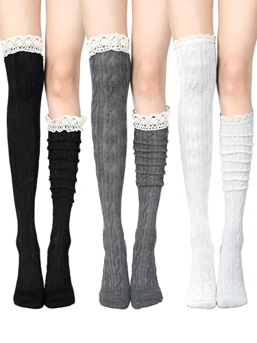 6 Pairs Women Knee High Socks with Lace Trim Cotton Knee High Stockings Knit Boot Socks for Boots Casual Chic