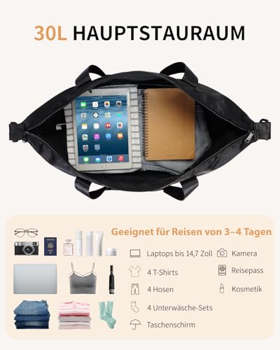 ECOHUB 30L Reisetasche Handgepäck Groß, für Easyjet Handgepäck 45x36x20, Faltbare Handgepäck Tasche für Flugzeug, Sporttasche mit Abnehmbar Nass-Tasche, Weekender Damen Herren(Schwarz)