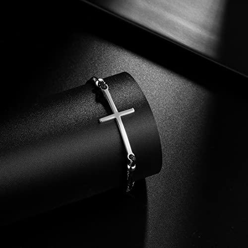 Hipunk Cross Leather Bracelet For Men - Stainless Steel Black Braided Cuff Bangle Wristbands Charm Adjustable Multilayer Protection Bracelet For Women Sb0016G #TOP1