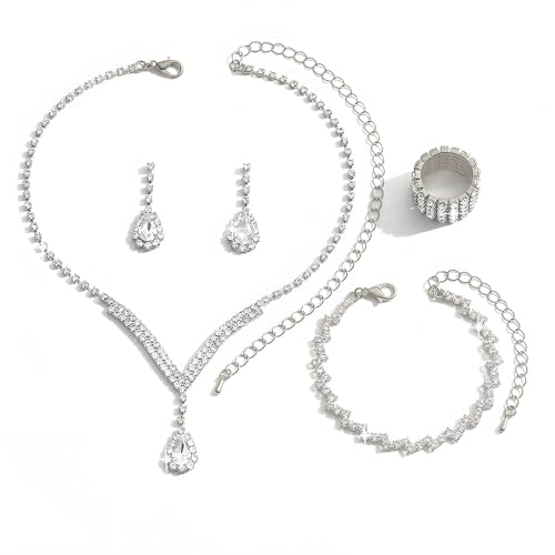 TOFBS 4pcs Plata Joyería Nupcial Conjunto Rhinestone Collar Pulsera Anillo Colgante Pendientes Para La Novia De Cristal De La Boda Prom