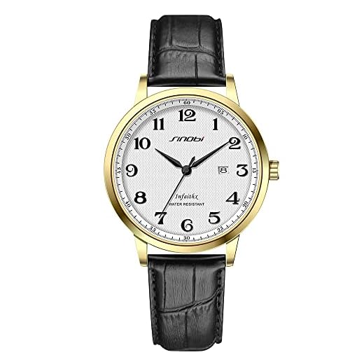 SHENGKE SINOBI Relojes clásicos de Negocios para Hombre Números arábigos Easy Reader Relojes de Pulsera para Hombres con Calendario Fecha Resistente al Agua (Gold-Black-Leather)