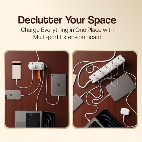 Image of Ambrane Foldable Extension Board, 2 Type C & USB, Perfect for Office, Kitchen, Travels, Charge 4 Devices, Compact Size, AC Socket 2500W, 20W Fast Type C Charging, 1.5m Long Cable (Smartstrip 3 White)