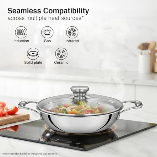 Image of Prestige 24cm /2.7L Tri-Ply Stainless Steel Hexamagic Kadai with Lid| Honeycomb Structure|Durability of Triply|Metal Spoon Friendly| Gas & Induction Compatible|Dishwasher Safe|Low Oil Consumption|Grey