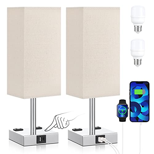 Aooshine Beige Set Of 2 Touch Lamp With Usb Port-Nightstand Lamp With Usb-C+A Charge Ports& Ac Outlets, 3-Way Dimmable Bedside Lamp With Shade,Small Table Lamp For Bedroom Living Room(Bulb Included) #TOP18
