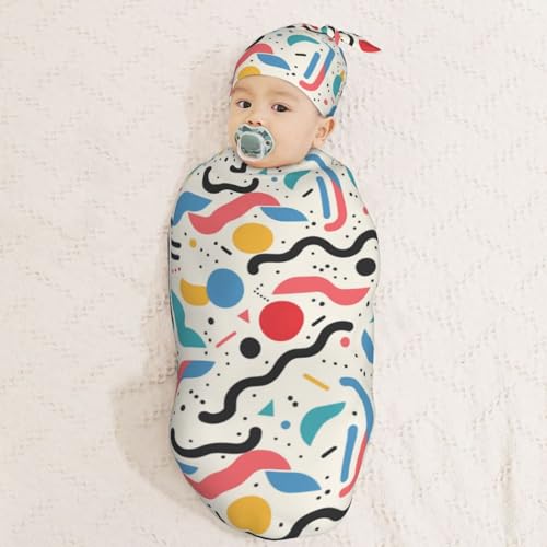 Image of 90s Pattern Newborn Swaddle Blankets Hat Sets Soft Baby Receiving Blanket Swaddle Sack for Baby Shower Infant Boy Girl Gift