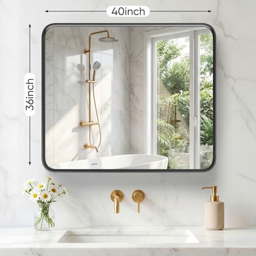Image of Sweetcrispy Bathroom Mirror 40x36 Inch Metal Framed Rounded Rectangle Vanity Mirror for Wall, Over Sink, Farmhouse, Restroom, Anti-Rust, Modern Decorative, Horizontal or Vertical Hanging, Black