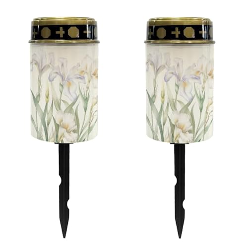 Image of White Flower Cemetery Solar Lights Water Resistant LED Flameless Candle Grave Lights Solar Powered Grave Decor Memorial Gift Outdoor Garden Decor Light for Prayer 2 Pcs