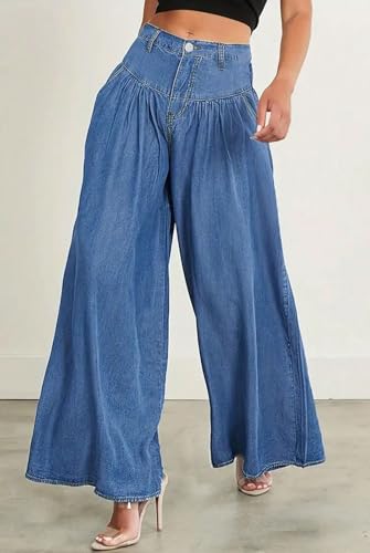 loveimgs Women Baggy Wide Leg Denim Sweatpants Y2k Elastic High Waist Boho Flare Denim Jeans Palazzo Pants3