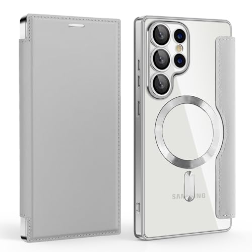 �yRFID �w�ʃN���A�EMagsafe�Ή��z Galaxy S26 Ultra �p �P�[�X �蒠�^ �J�o�[ �J���������Y �S�ʕی� �X�g���b�v�z�[�� �X�L�~���O�h�~ �J�[�h���[ �M�����N�V�[ (�O���[)