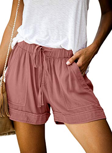 HUUSA Women's Summer Casual Beach Shorts for Women 2020 Fashion Petite Loose-Fitting Drawstrings Elastic Mid with Pockets Pink S