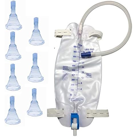 Male Complete Kit Urinary Incontinence 7-Condom Catheters External Self-Seal,Premium Leg Bag （1000ml）with 18" Tubing, Straps & Fast and Easy Draining (28mm (Intermediate)) Cover