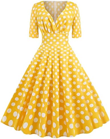Women 1950s Retro Vintage Polka Dot V Neck Cocktail Swing Dress 50s 60s Roll Short Sleeve Audrey Hepburn Rockabilly Prom Evening Dress Fared A line Wedding Formal Tea Party Dress Yellow-Polka Dots XXL