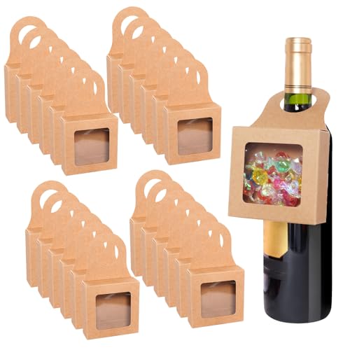 Hmxpls 25pcs Kraft Paper Wine Bottle Box Tag with Window, Foldable Wine Window Boxes, Candy Gift Boxes for Christmas New Year Wedding Parties Favor (3.5 x 3.5 x 1.2 Inches)