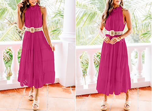 Image of HAEOF Women's Summer Sleeveless Halter Midi Maxi Dress Casual Loose Fit Pleated Tiered Flowy Beach Vacation Long Sundress
