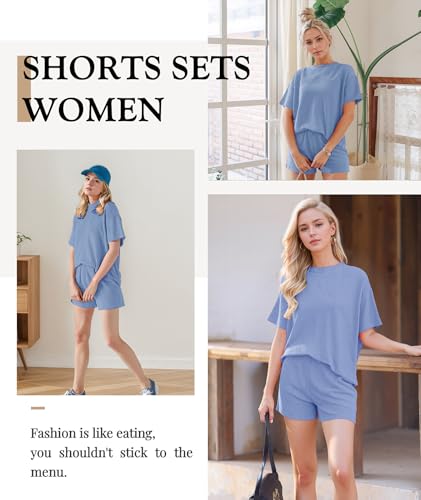 Image of MARZXIN Women 2 Piece Shorts Set 2026 Casual Summer Cruise Outfits Ribbed Loose Short Sleeve Pocket Matching Lounge Sets