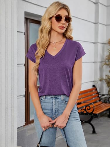 YOKGO Womens Summer Tops Short Sleeve V Neck T Shirts Basic Tees Cap Sleeve Shirts Casual Trendy Work Business Clothes 2026 Dark Purple — view 4