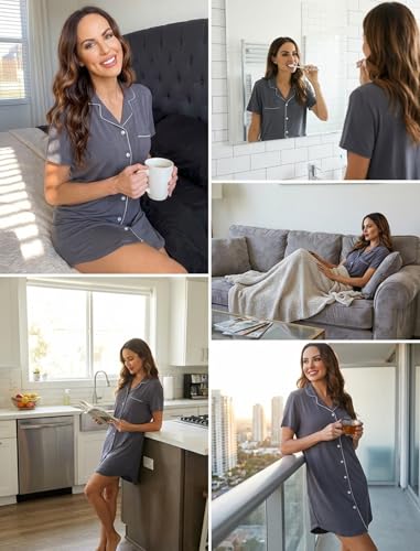Image of Pjmlifecoco Nightgown for Women Button Down Sleepshirt Short /Long Sleeve Nightdress Soft Modal Sleepwear S-XXL