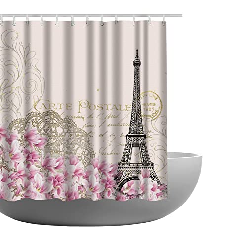 Amagical Paris Decor Collection Eiffel Tower With Pink Flowers Vintage Soft Color Art Print 3 Piece Bathroom Mat Set Shower Curtain Set Bath Mat Contour Mat Fabric Shower Curtian 12 Hooks #TOP1