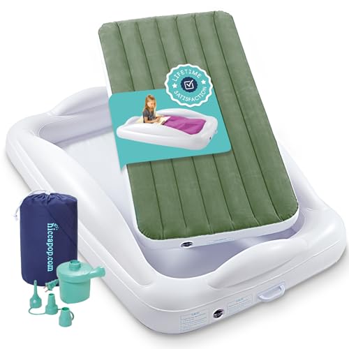 Image of Hiccapop Inflatable Toddler Travel Bed with Safety Bumpers [4-Sided], Portable Toddler Bed for Kids, Toddler Air Mattress, Kids Air Mattress - Sage Green