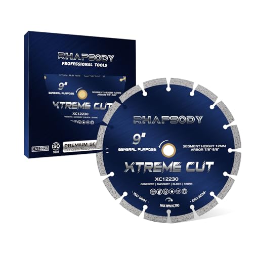 RHAPSODY 9 Inch Diamond Saw Blade, Segmented General Purpose Blade Dry/Wet Cutting Concrete, Granite, Masonry, Brick, Block,7/8"-5/8” Arbor