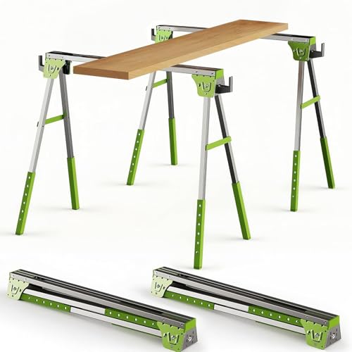 2台ソーホース 折りたたみ1200kgの耐荷重 高さ調節6段階可能 作業台 木工作業台 テーブル ソーホースセット DIY 木材のこぎり台 高さ72.6~90cm 裁断 切断 簡易作業台 滑り止め 作業机 ワークテーブル 2台1組 (グリーン)