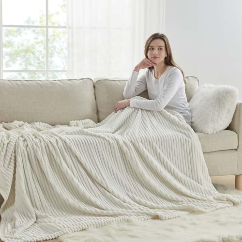 Image of Nestl White Throw Blanket for Couch - Cozy Warm Fuzzy Blankets for Women, Set of 2 Small Fleece Throws for Girls - Off White, 50 x 60 Inches