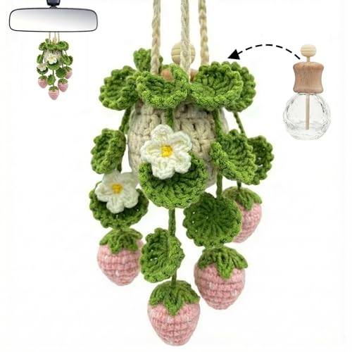 Image of Crochet Car Air Freshener Hanging, Cute Hanging Plant for Cars, Crochet Strawberry Plant with 10ml Empty Refillable Oil Diffuser Bottle, Handmade Boho Car Ornament Charms for Rear View Mirror, Pink