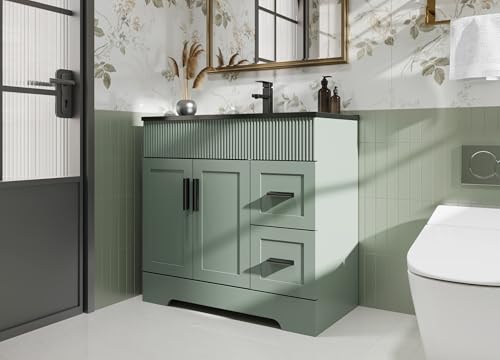 Image of eclife 36 inch Bathroom Vanities Sink Combo with Painted Surface, Modern Drawered Cabinet W /Decorative Wave Lines, Undermount Black White Sink, Matte Black Faucet Drain, Gray Green