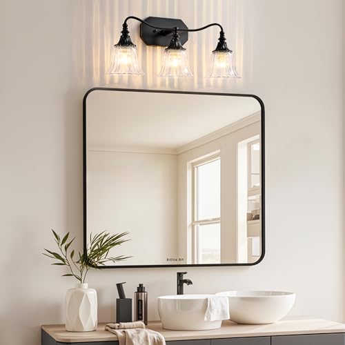 Image of LmnLvn 3-Light Bathroom Vanity Light, Matte Black with Crystal Glass Shade