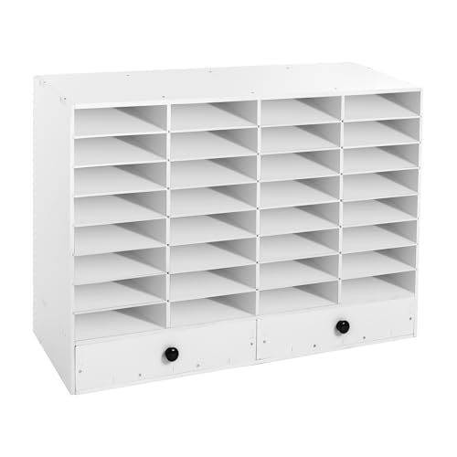 GAMIGIME 32 Compartments Adjustable Literature Organizer,PVC Office Storage Cupboard with 8th Floor Shelves, Veneer Cabinet with 2 Drawers, File Organizers for Office Home Classroom (White)