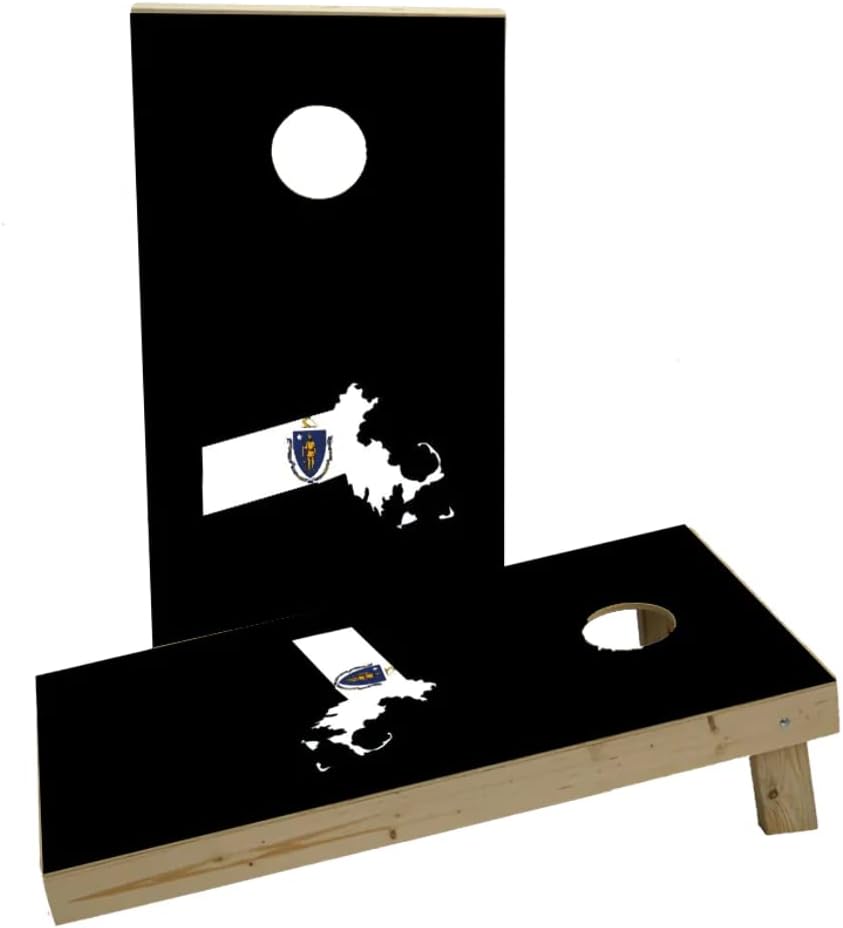 Massachusetts State Flag Outline (Black Background) Custom Cornhole Board Game Set