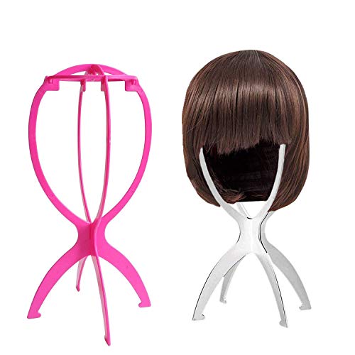 2 Stück Perückenständer Tragbare Falten Plastik Perückenhalter Kunststoff Beweglicher Perücke-Standplatz Perücke Trockner (Weiß & Rosa) Cover