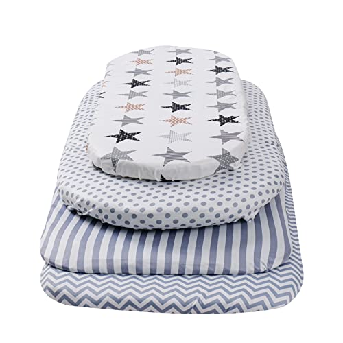 Image of Onacosht Bassinet Sheets for Baby Boy and Girl, Stretchy Breathable Fitted Sheet Universal for Bassinet Cradle Hourglass Oval Rectangle Pad /Mattress, 4 Pack Stripes Dots Chevrons and Stars
