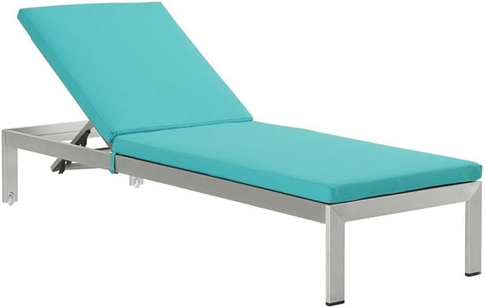 Pemberly Row Outdoor Reclining Patio Chaise Lounge, 76"D x 25"W x 12"H, Plastic Wood and Aluminum, Silver and Turquoise Finish, Height Adjustable with Wheels, All-Weather Cushions, Minimalist Design