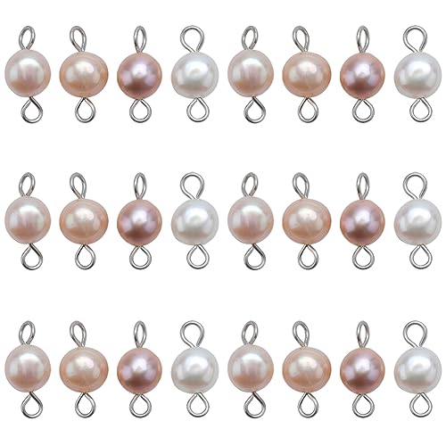 SUNNYCLUE 1 Box 30Pcs Pearl Connectors Natural Pearl Connector Beads Round Stainless Steel Linking Connector Charm Double Loop Cultured Baroque Pearl Bead Charms for jewellery Making Charms DIY Crafts