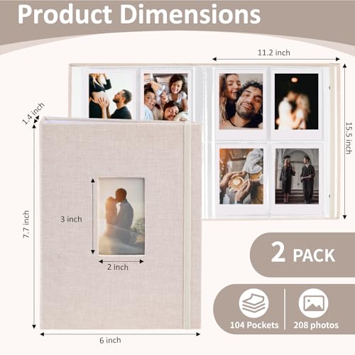 vivinin 2PCS Polaroid Photo Album, 2x3 Inch Pockets Mini Photo Album for 104 Pockets Hold 208 Pictures, Linen Hardcover Polaroid Album Book for Photos Family Anniversaries Baby Vacations (Off-White)