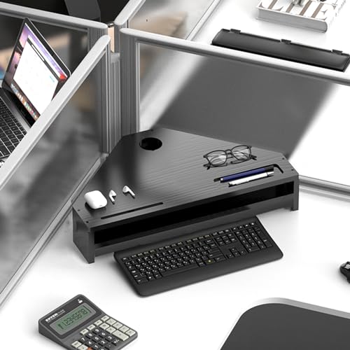 Support d'écran d'angle avec rangement pour optimiser un bureau double
