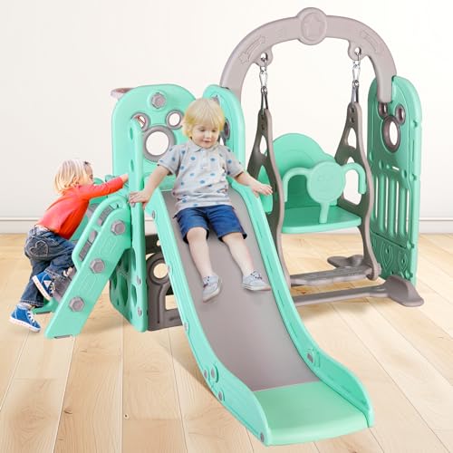 MAMIZO 5 in 1 Toddlers Slide and Swing Set, Kids Slides w/Climber, Storage, Basketball Hoop, Ball, Suction Cup Reinforced, Indoor Outdoor Playground Swing Slide Set (Green)