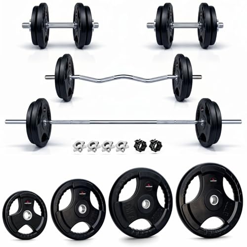 Image of Leeway 120 kg Combo | Home Gym Set for Men | Barbell Rod with Plates and Dumbbell Set | Rubber Weight Plate, 3 Ft Curl + 5 Ft Rod (28mm) | Weightlifting Gym Equipments for Home Workout Kit Zym (1, Black, 120kg Set(2.5X2+5X2+7.5X2+10X2+15X2+20X2))